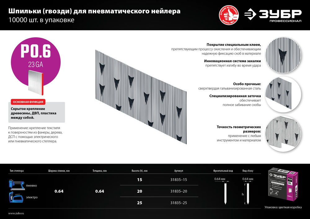 Шпильки для neйлера тип P0.6 20 мм, калибр 23GA, 10 000 шт ЗУБР Профессионал 31835-20
