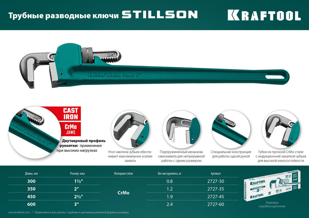 Ключ разводной трубный STILLSON, 3, 600 мм (2727-60) KRAFTOOL