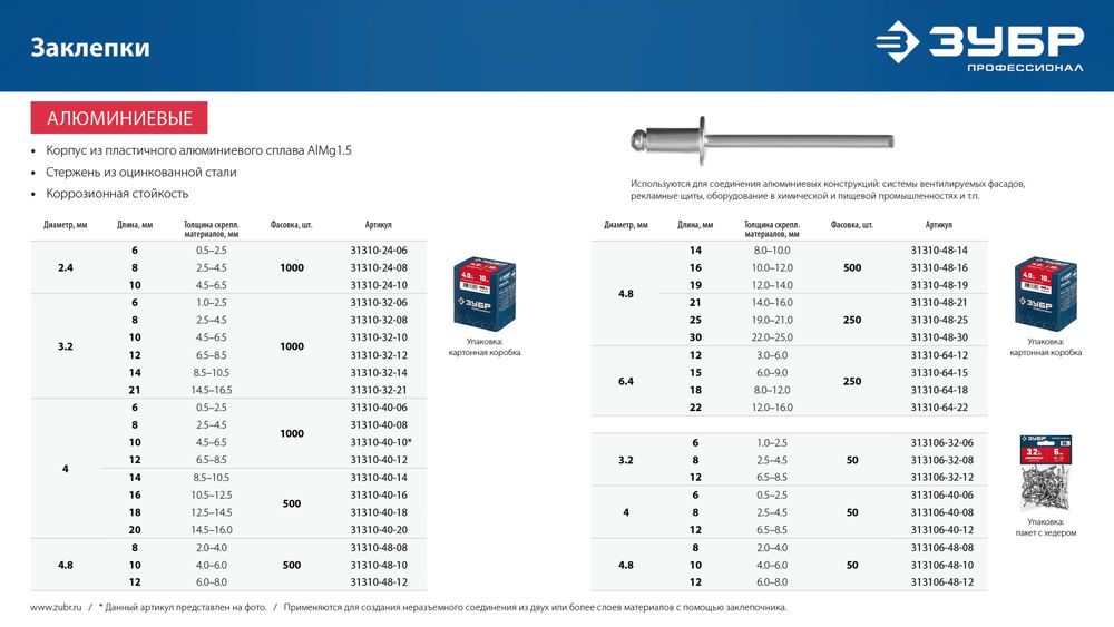 Заклёпки алюминиевые 4.0?14 мм 500 шт ЗУБР Профессионал 31310-40-14
