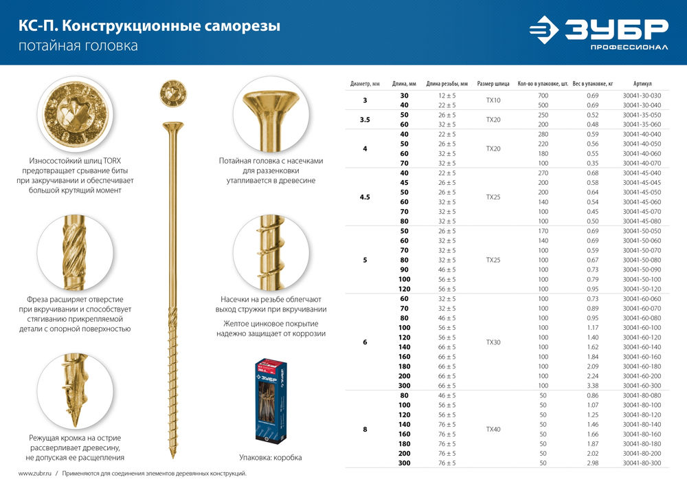 Конструкционный саморез КС-П, 30 х 3.0 мм, TX10, потайная головка, желтый цинк, 700 шт ЗУБР Профессионал 30041-30-030