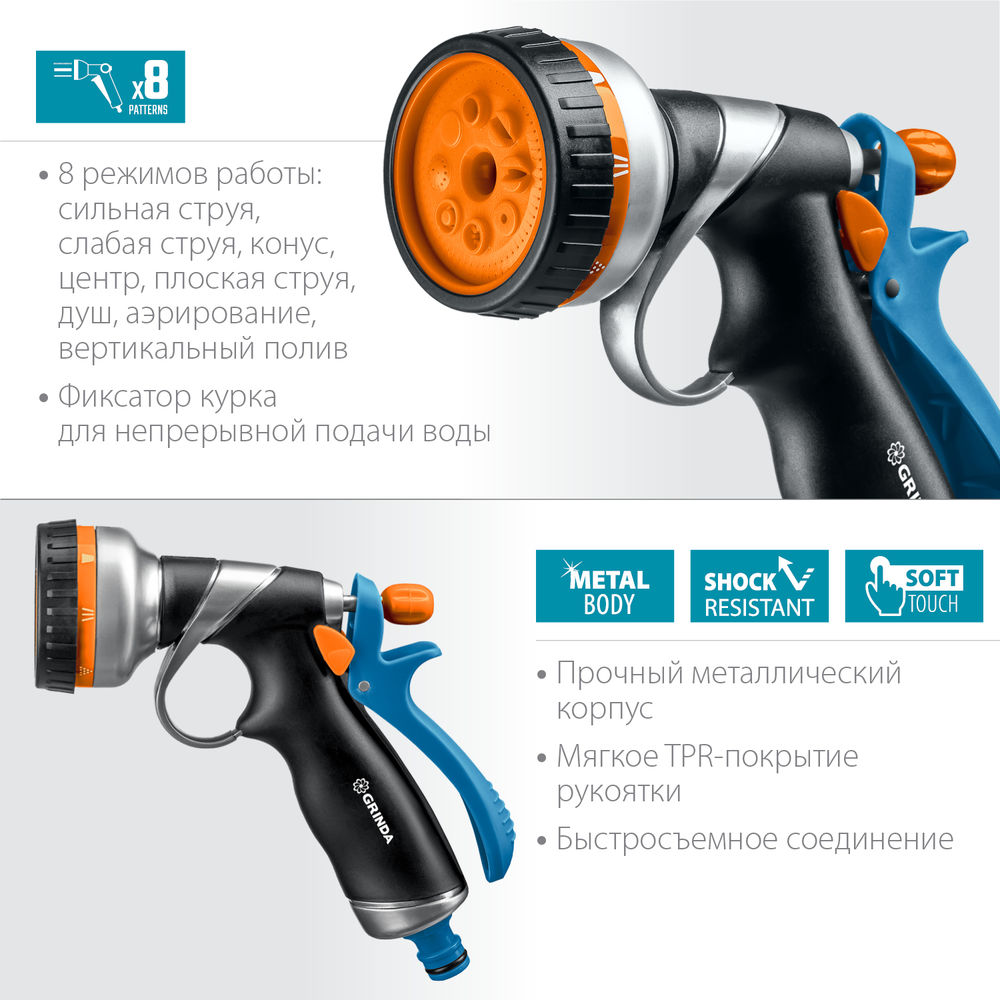 Поливочный пистолет RM-8, 8 режимов, курок сзади, металлический с TPR, PROLine GRINDA 8-427143_z02