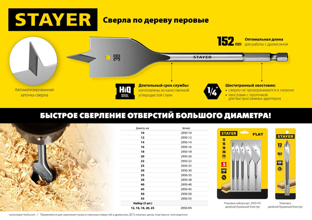 Сверло перовое по дереву Flat, 40 x 152 мм STAYER 2950-40_z01