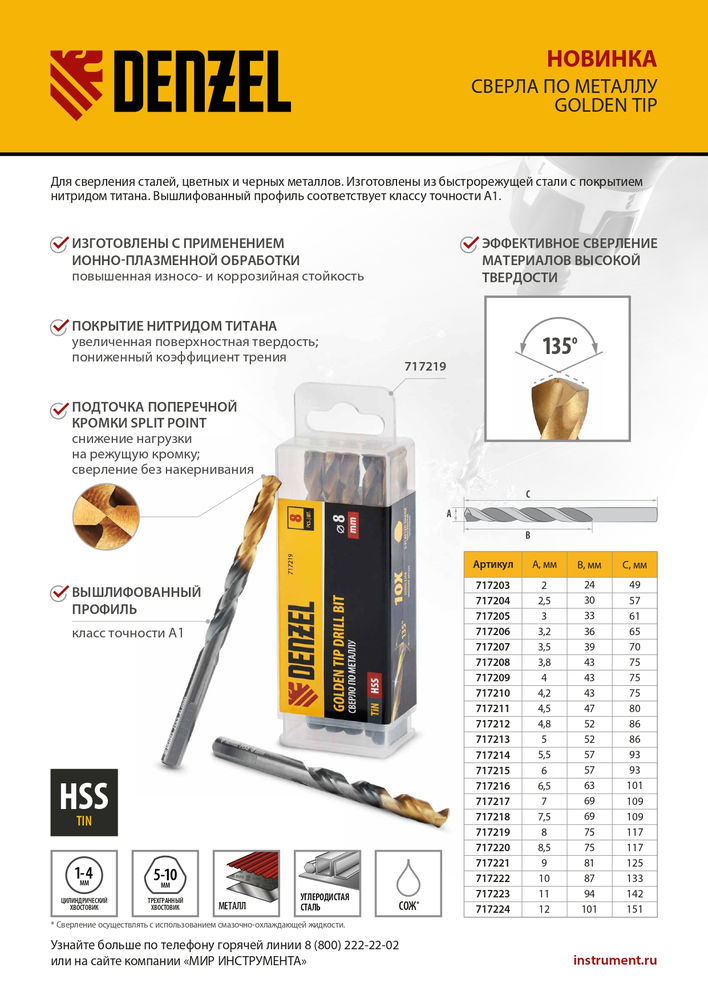 Сверло по металлу, 7,5 мм, HSS-Tin, Golden Tip, 8 шт. Denzel (717218)