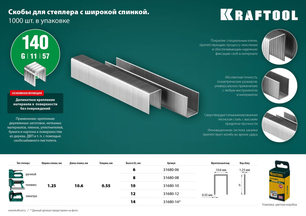 Скобы тип 140 (G/11/57), 12 мм, калибр 20GA, 1000 шт KRAFTOOL 31680-12