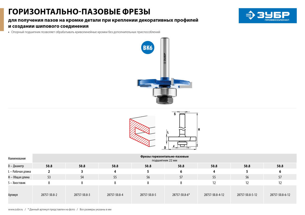 Фреза горизонтально-пазовая 50.8 x 6 мм, хвостовик 12 мм ЗУБР Профессионал 28757-50.8-6-12