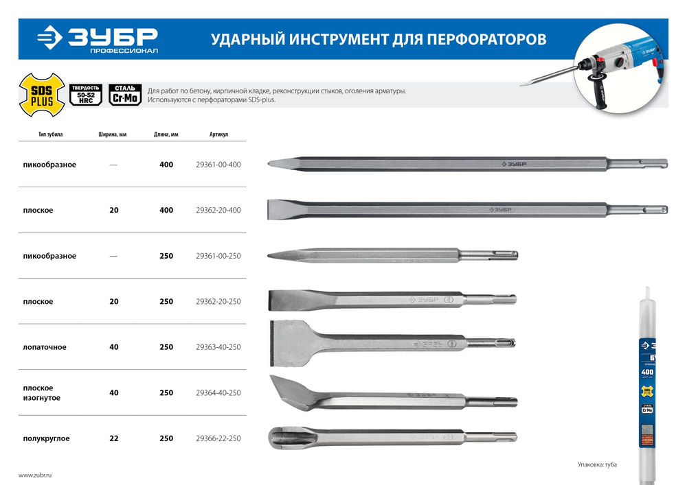 Зубило пикообразное 250 мм SDS-plus ЗУБР БУРАН Профессионал 29361-00-250_z01