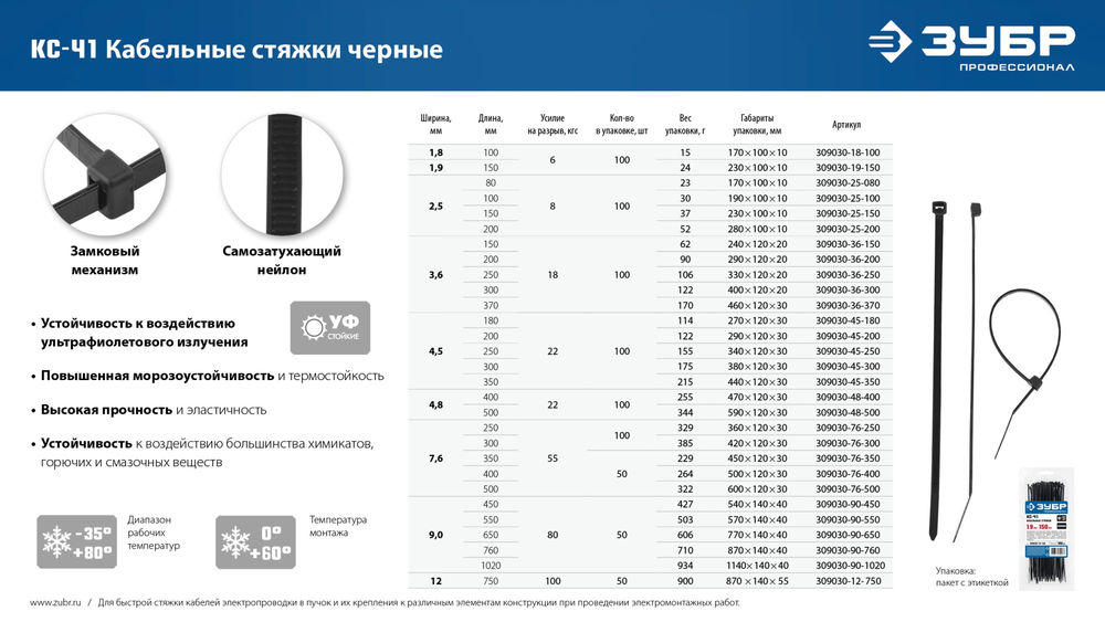 Кабельные стяжки черные КС-Ч1, 7.6 x 500 мм, нейлон РА66, 50 шт ЗУБР Профессионал 309030-76-500