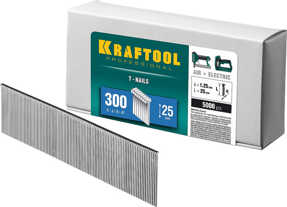 Гвозди тип 300 (47/J/F), 25 мм, калибр 18GA, 5000 шт KRAFTOOL 31785-25