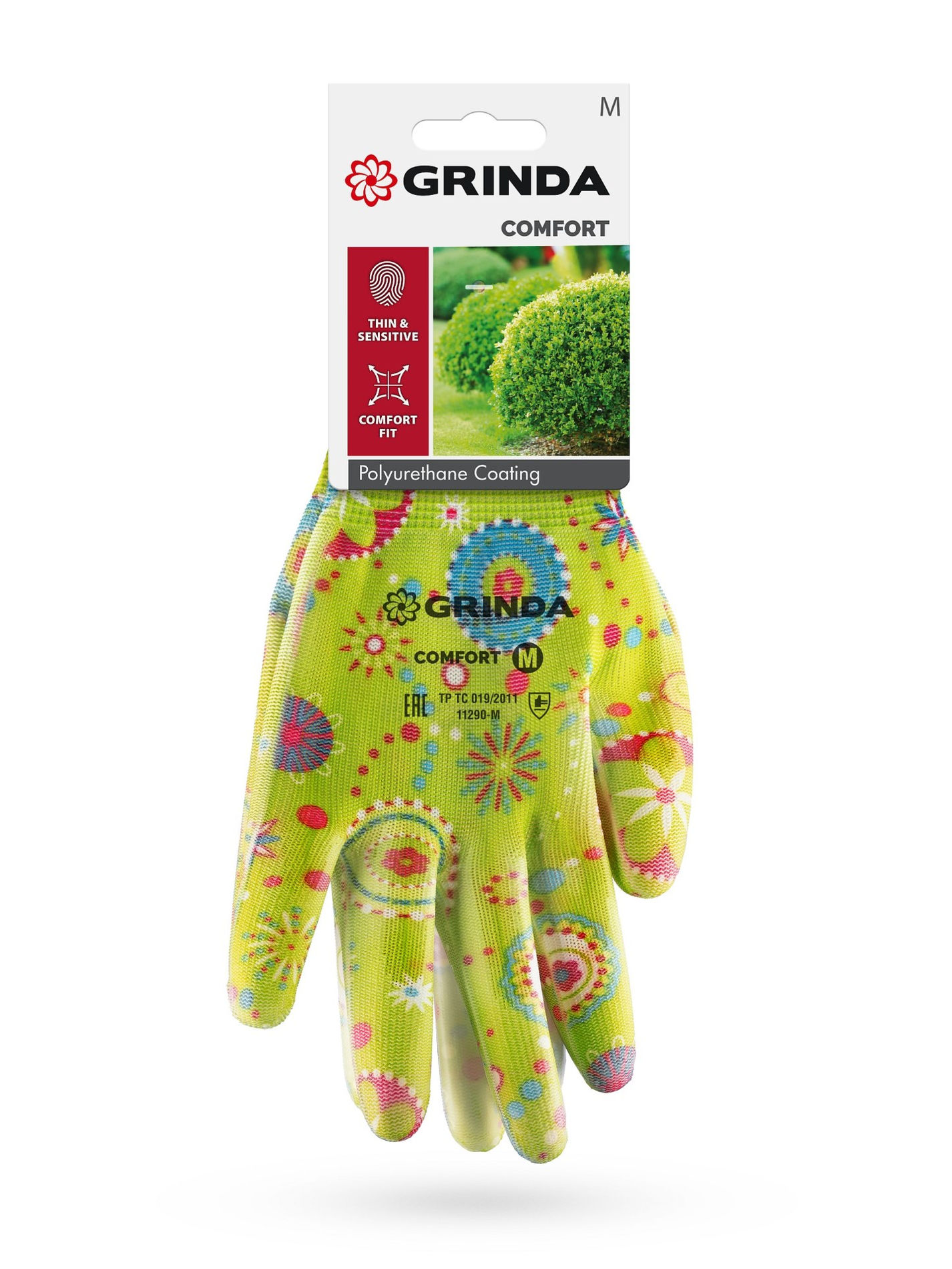 GRINDA COMFORT, M (8), садовые перчатки с прозрачным полиуретановым покрытием, зелёные, 13 класс (11290-M_z01)