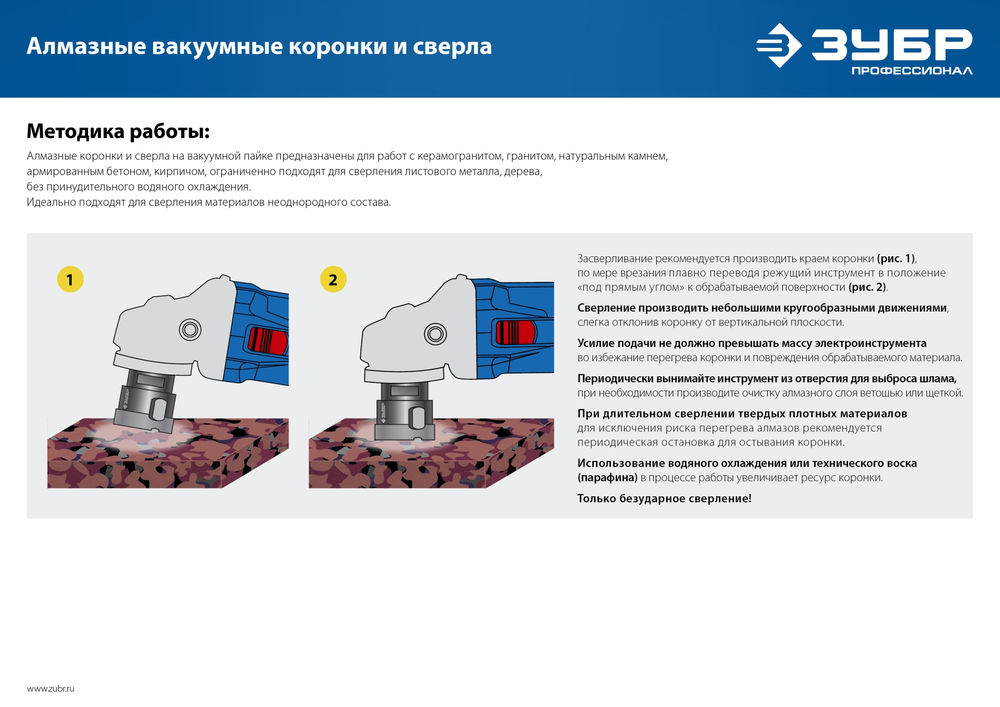 Коронка алмазная вакуумная АВК, d 16 мм, М14, 15 мм кромка ЗУБР Профессионал 29865-16