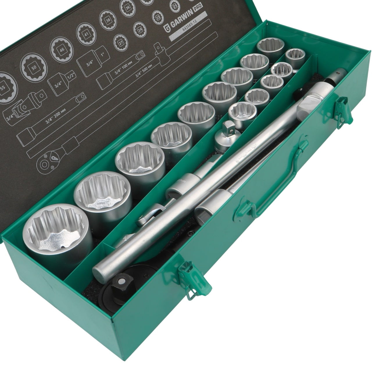 Набор торцевых головок 3/4 12 гр., 19-55 мм, 21 пр., GARWIN PRO, 643565-12