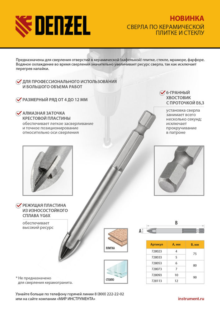 Сверло по керамической плитке 4 мм, крестовая пластина, шестигранный хвостовик// Denzel (728023)