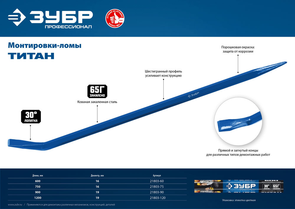 Монтажный лом 900 мм Профессионал ЗУБР Титан 21803-90