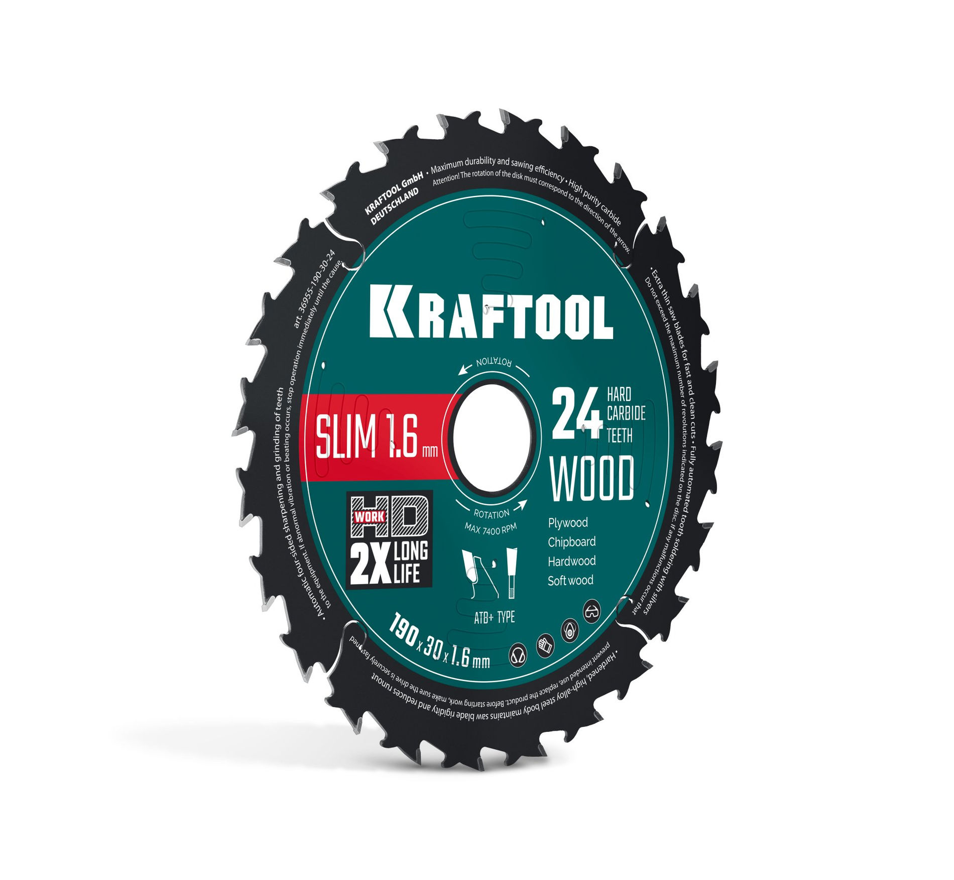 Диск пильный по дереву Slim wood cut, 190 х 30 x 1.6 мм, 24Т KRAFTOOL 36955-190-30-24