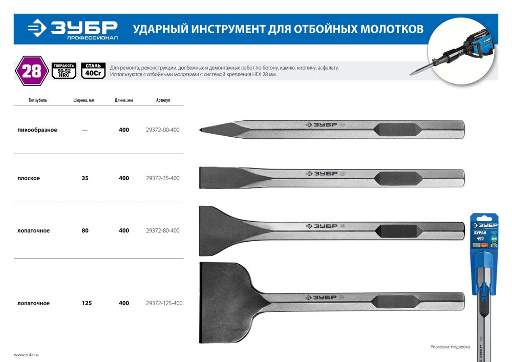 Зубило лопаточное 125 x 400 мм HEX 28 ЗУБР БУРАН 29372-125-400