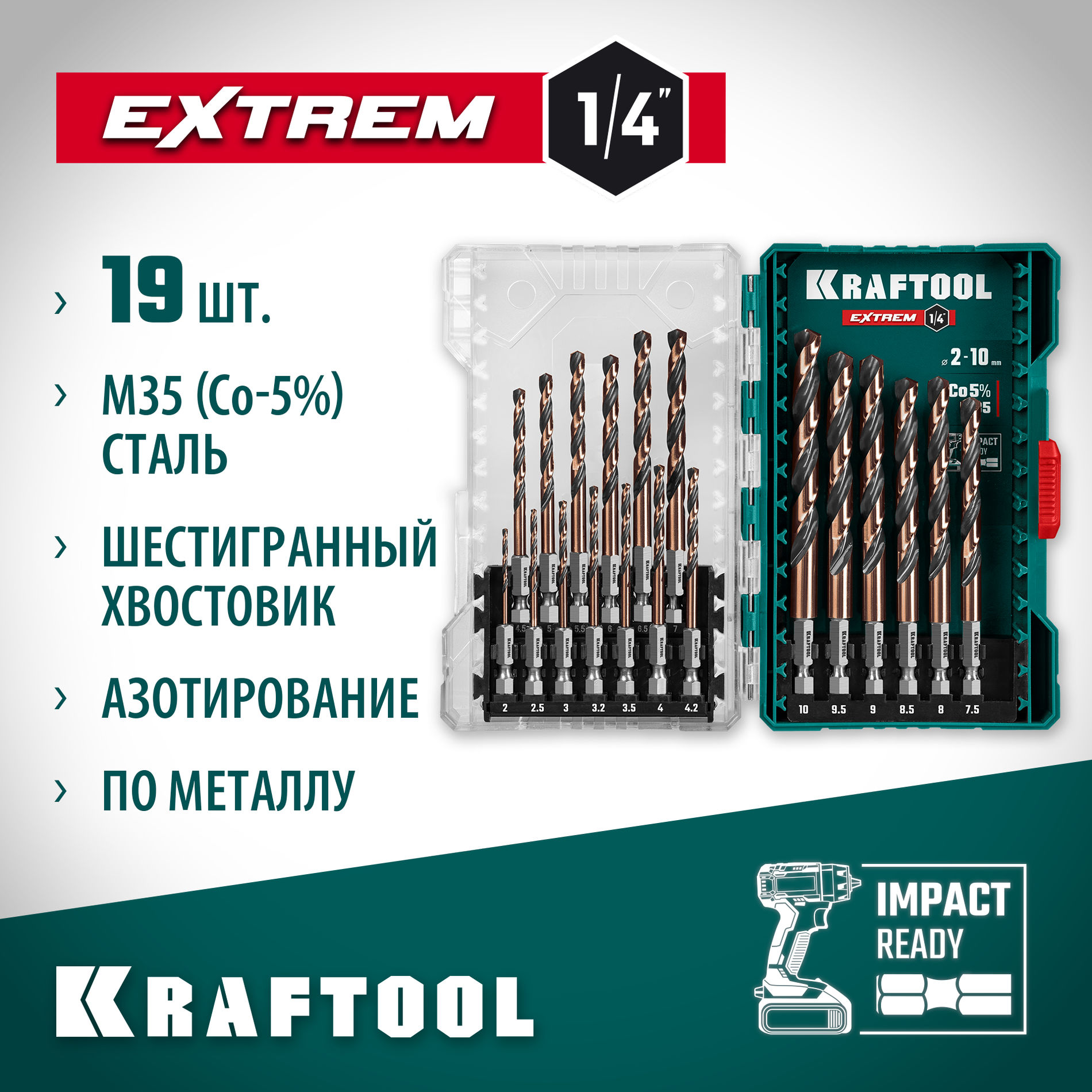 KRAFTOOL НЕХ-1/4?, 19 шт, набор сверл по металлу для винтовёртов и шуруповертов IMPACT READY (29652-H19)