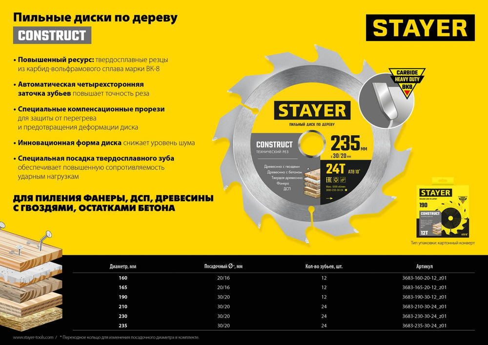Диск пильный по дереву Construct, 165 x 20/16 мм, 12Т, технический рез STAYER 3683-165-20-12_z01