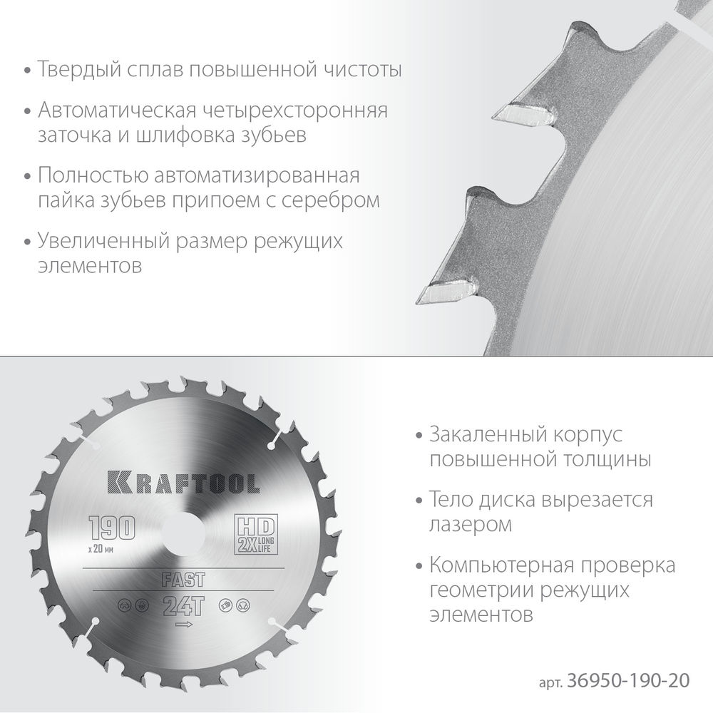Пильный диск по дереву Fast, 190 х 20 мм, 24Т KRAFTOOL 36950-190-20
