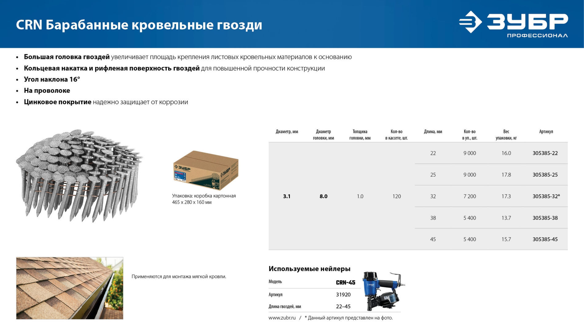 ЗУБР CRN 45 х 3.1 мм, барабанные гвозди кровельные оцинкованные, 5400 шт (305385-45)