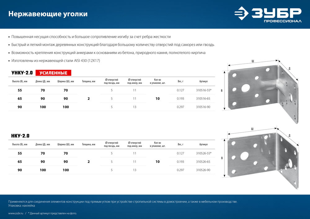 Крепежный уголок нержавеющий НКУ-2.0, 55 x 70 x 70 x 2 мм ЗУБР Профессионал 310526-55