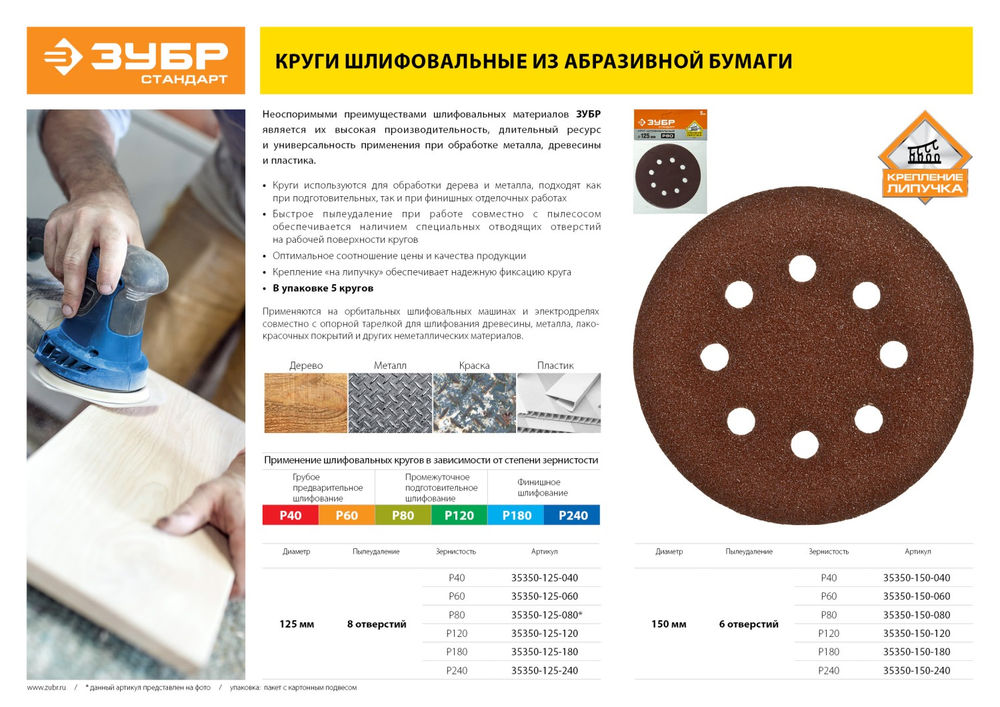 Круг шлифовальный Стандарт 150 мм, 6 отверстий, Р80, 5 шт ЗУБР 35350-150-080