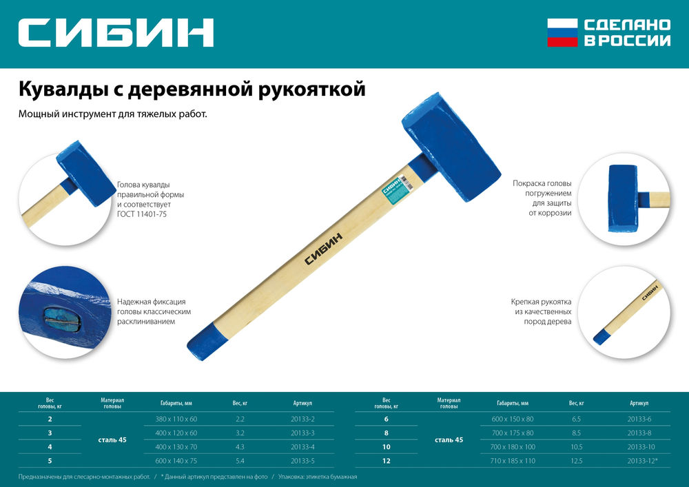 Кувалда с удлинённой деревянной рукояткой 5 кг СИБИН 20133-5