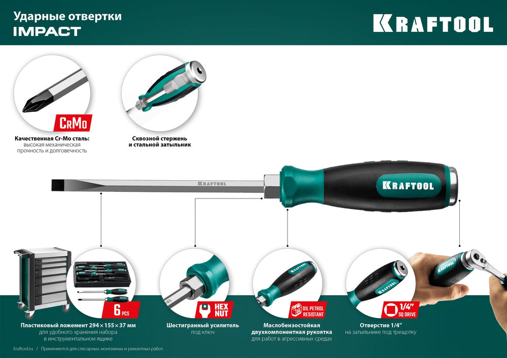 Отвертка ударная PZ 2, сквозной стержень Cr-Mo IMPACT KRAFTOOL 250035-2