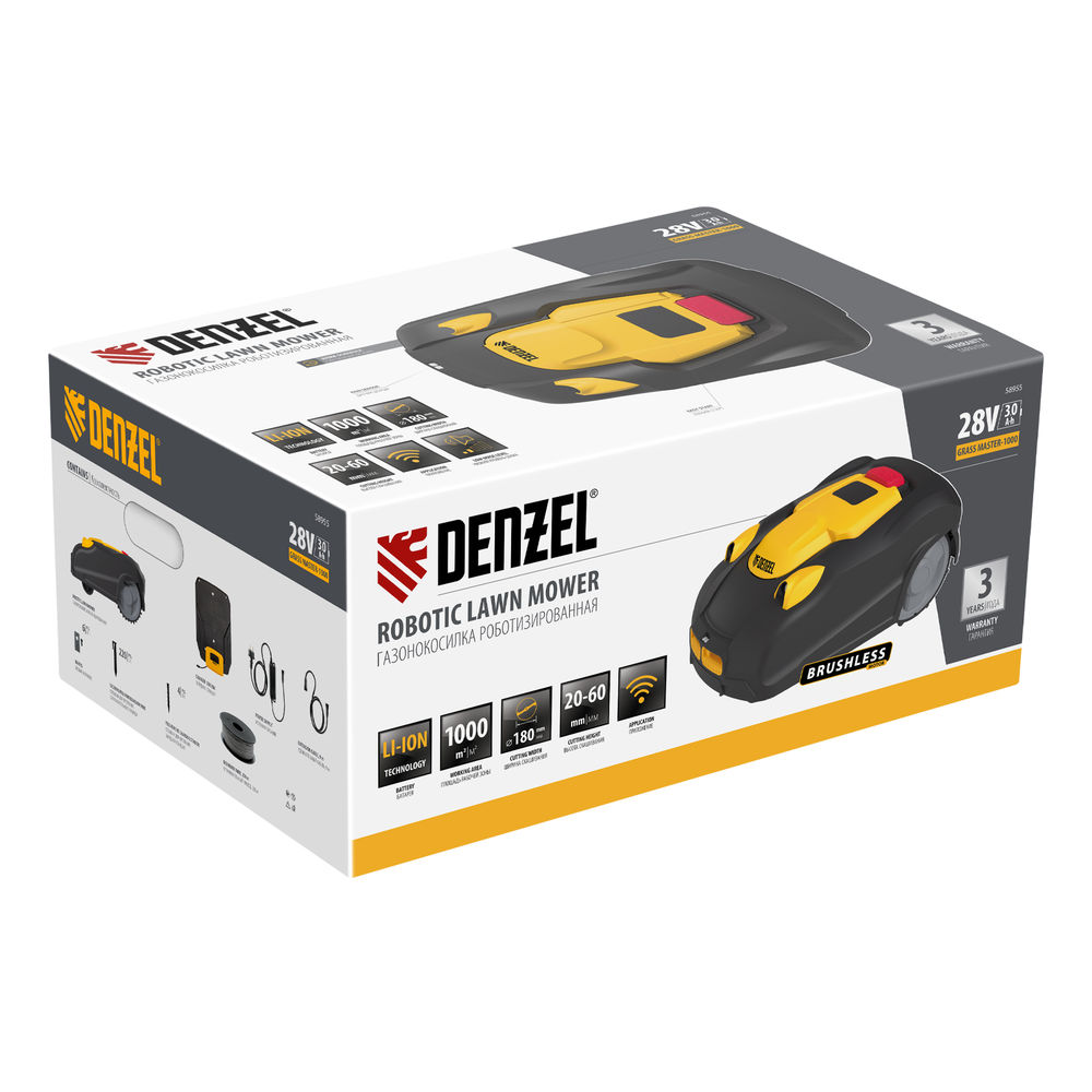 Робот-газонокосилка 1000м? 3Ач 28V LCD дисплей Wi-Fi Grass Master 1000 Denzel 58955