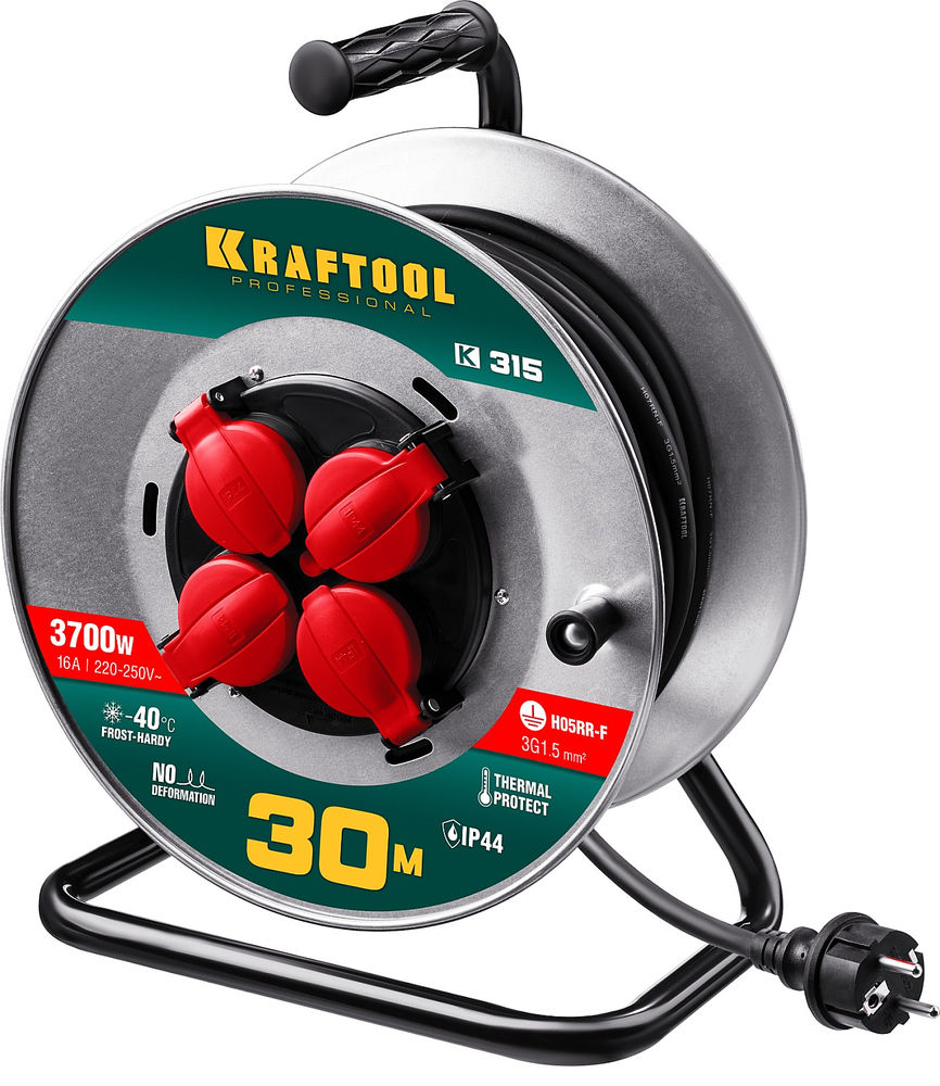 Силовой удлинитель на стальной катушке K-315, КГ, 3 x 1.5 мм2, 30 м, 3700 Вт, IP44 KRAFTOOL 55085-30_z01