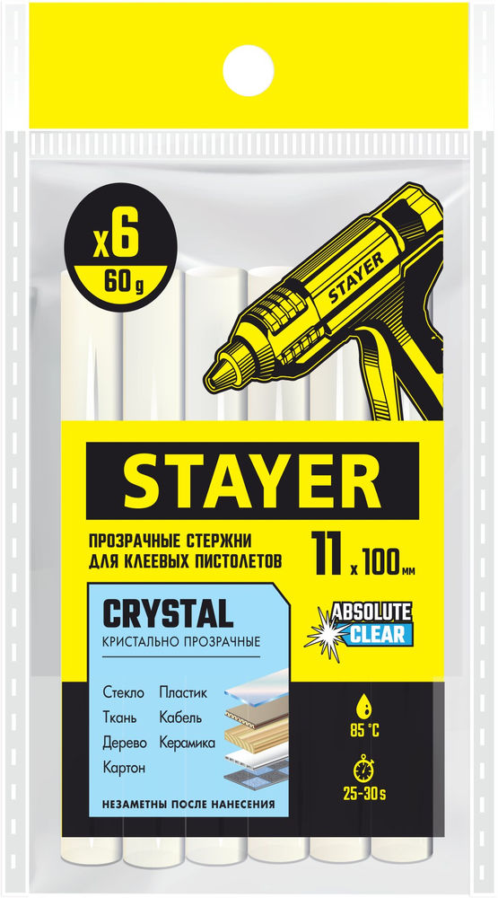 Стержни клеевые универсальные Cristal, 1 х 100 мм, 6 шт, прозрачные STAYER Professional 0682-H6