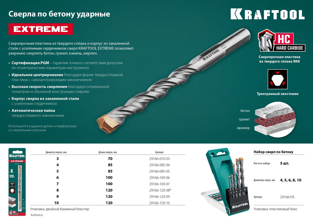 Сверло по бетону Extreme, 3 х 70 мм, цилиндр. хвостовик KRAFTOOL 29166-070-03