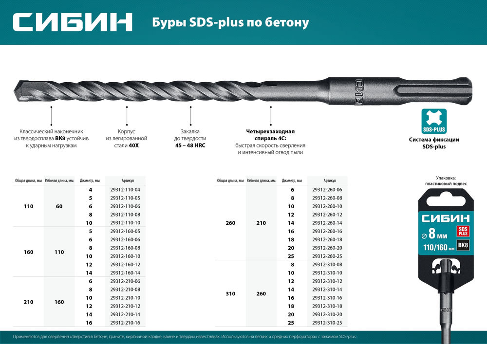 Бур SDS-plus 14 х 260 мм СИБИН 29312-260-14